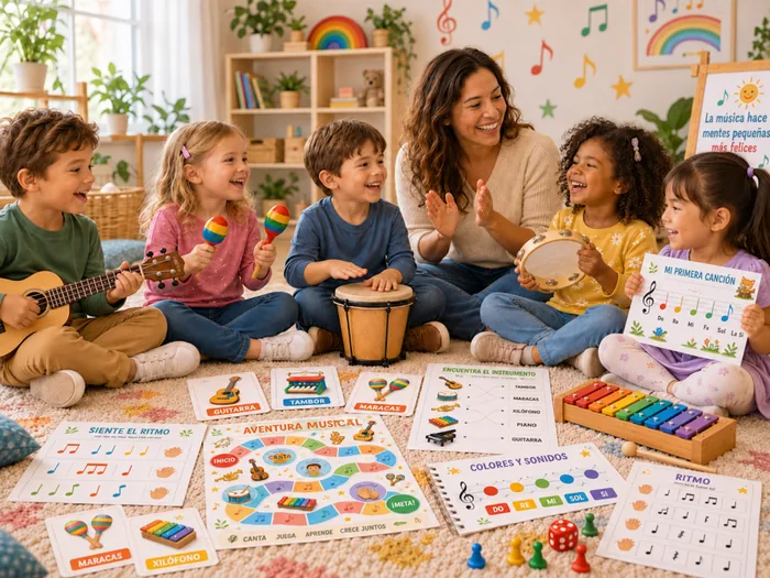 Profesora y niños felices tocando instrumentos